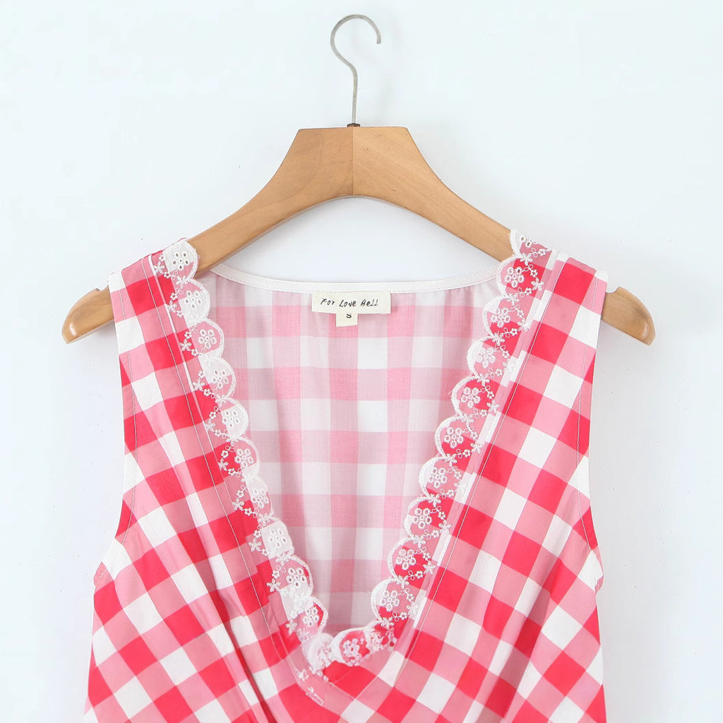 Tailored retro deep V-neck printed plaid dress for women