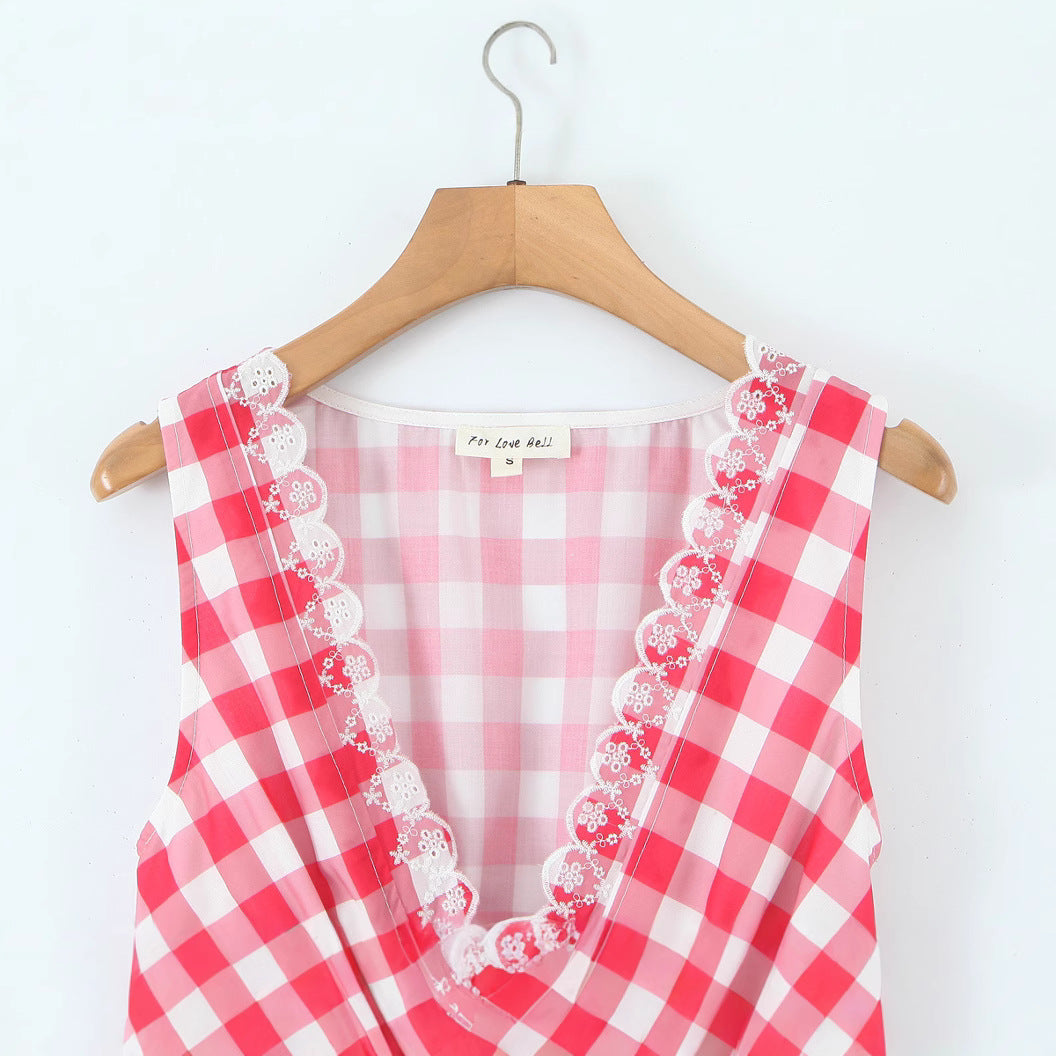 Tailored retro deep V-neck printed plaid dress for women
