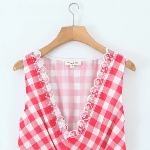 Tailored retro deep V-neck printed plaid dress for women